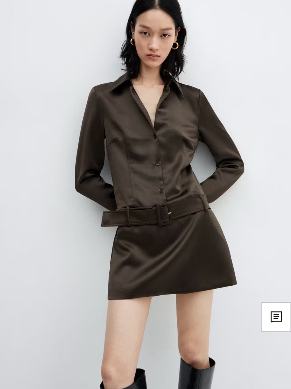 Mango Long Sleeve Mini Shirt Dress in Dark Brown
